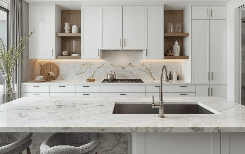 Modern luxury kitchen with Taj Mahal quartzite countertops showing natural warm white and gold veining