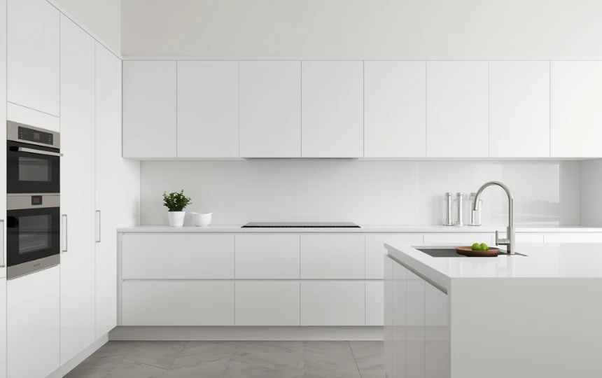 Modern minimalist all-white kitchen with flat panel matte cabinets and pure material composition