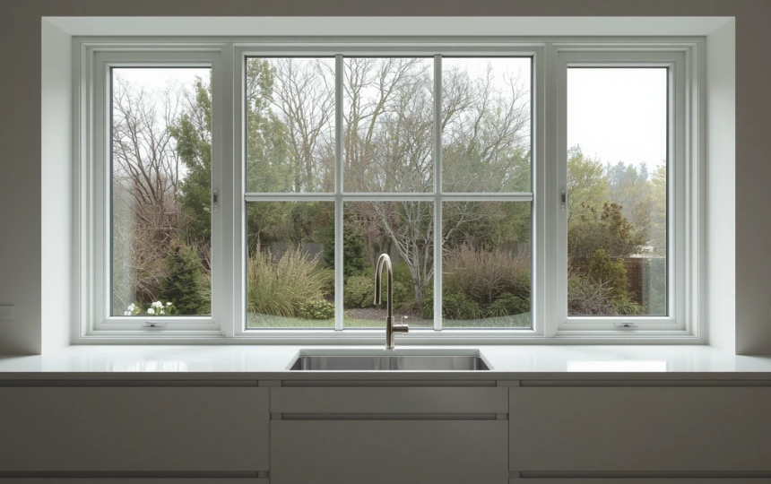 Modern minimalist kitchen with bare uncovered windows framing garden view with maximum natural light