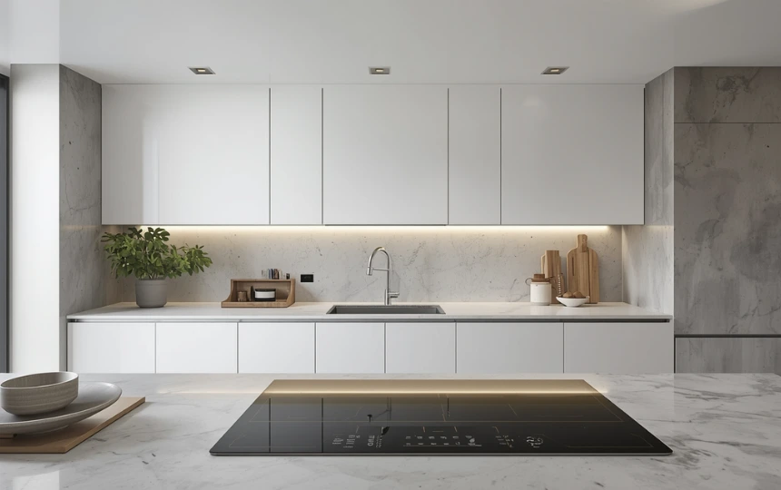 Modern minimalist kitchen with flush integrated downdraft ventilation in cooktop surface and no overhead range hood