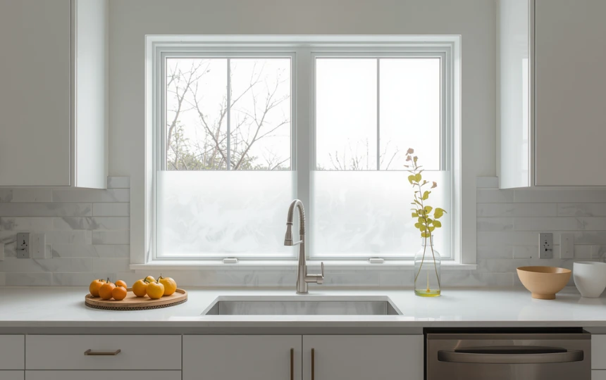 Modern minimalist kitchen with frosted privacy window film on lower portion of window creating clean contemporary look