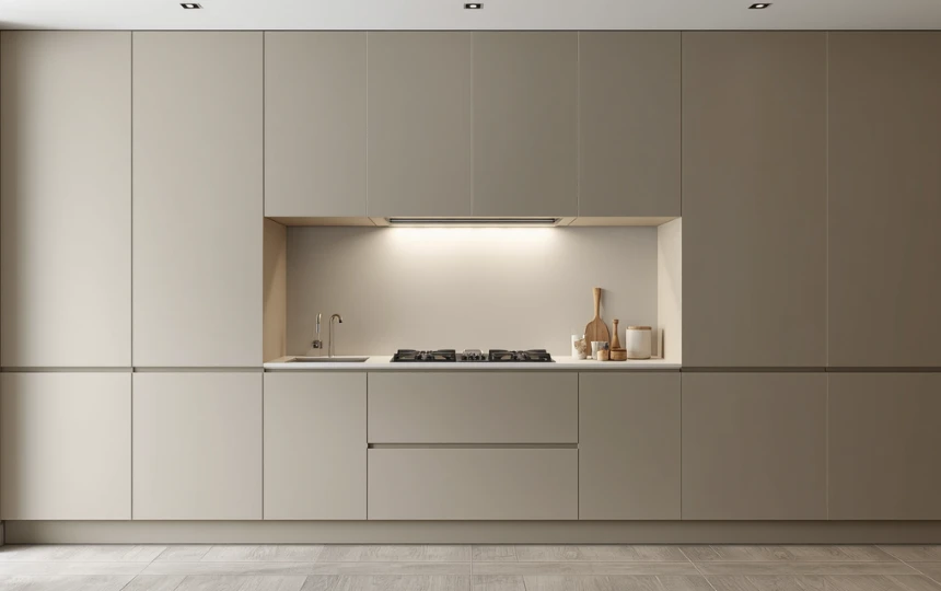 Modern minimalist kitchen with fully integrated range hood hidden behind matching cabinet panels in seamless wall