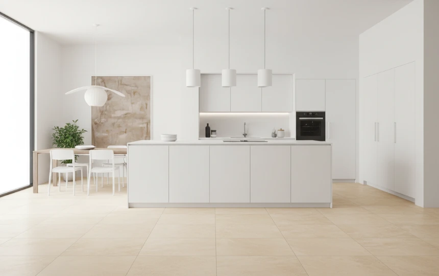 Modern minimalist kitchen with large format 60x120cm cream porcelain floor tiles and minimal grout lines