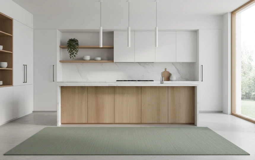 Modern minimalist kitchen with solid sage green low pile rug adding color accent in front of island