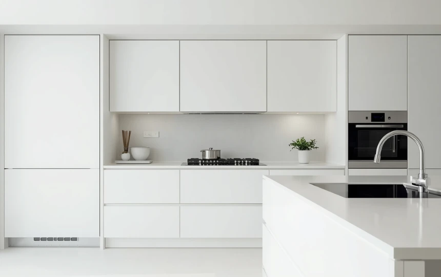 Modern minimalist white handleless kitchen with flat panel doors, no hardware and floor-to-ceiling cabinetry