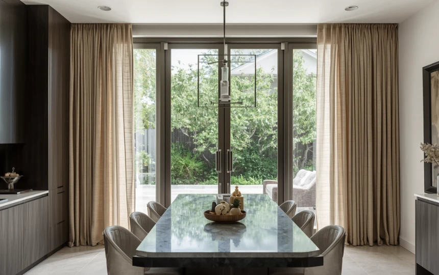 Modern open-plan kitchen with floor-length linen curtain panels framing large windows mounted wide and high