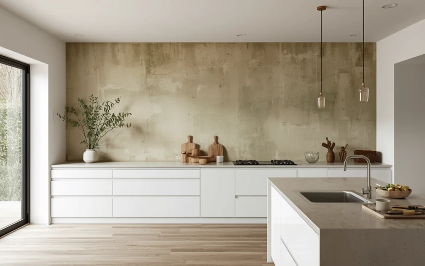 Modern organic kitchen with limewash paint feature wall in warm cream creating depth and texture as the wall art itself