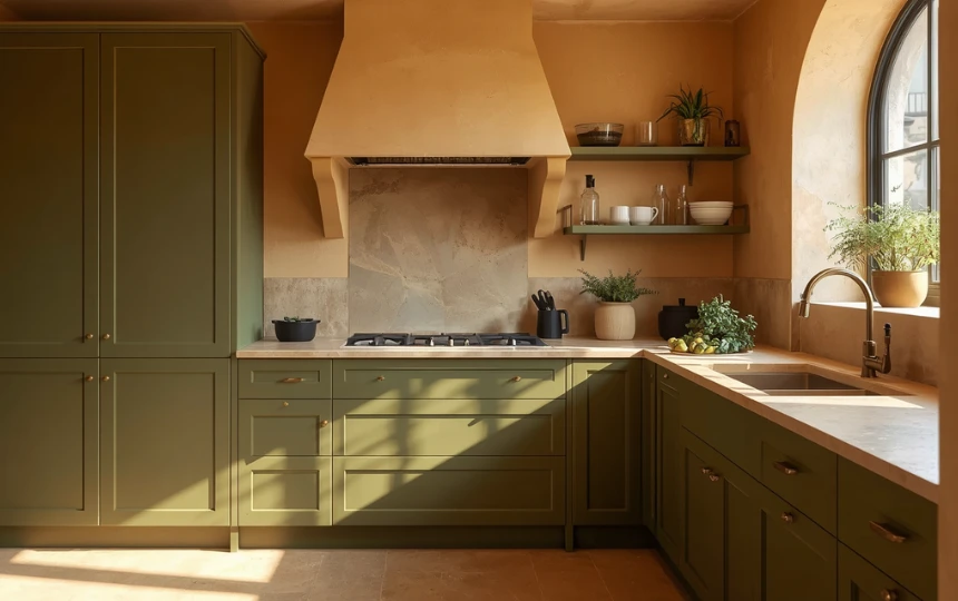Modern organic kitchen with rich warm olive green cabinets, antique brass hardware and warm stone countertops