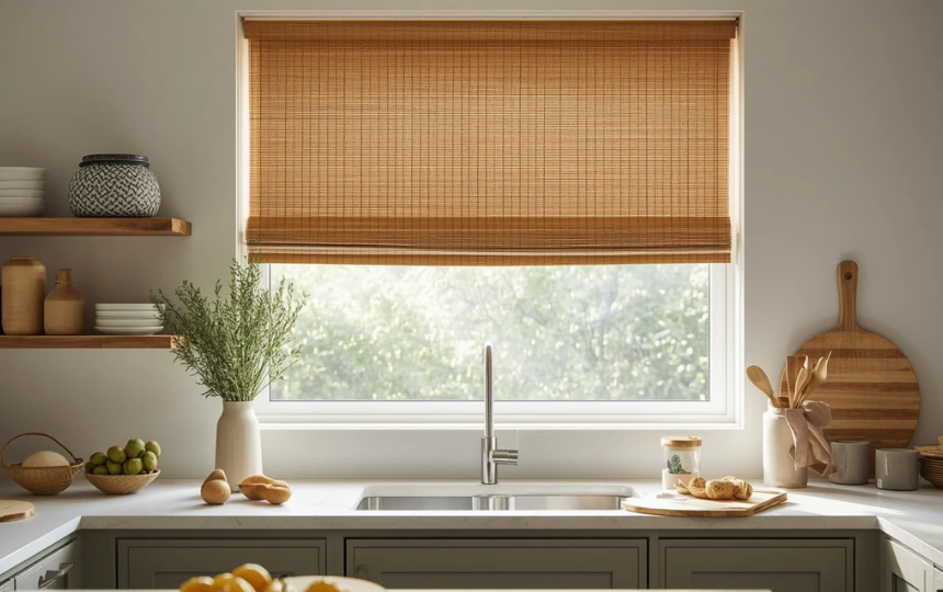 Modern organic kitchen with woven bamboo roller blind filtering warm natural light in honey tones