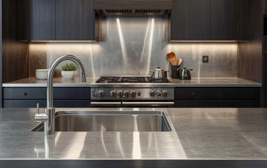 Modern professional kitchen with brushed stainless steel countertops and integrated sink in chef's kitchen