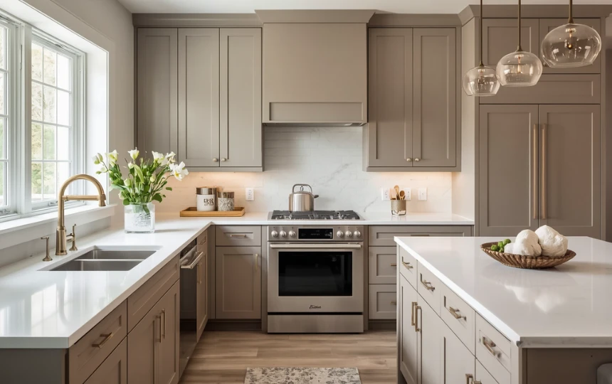 Modern transitional kitchen with warm greige taupe cabinets, white countertops and champagne bronze hardware