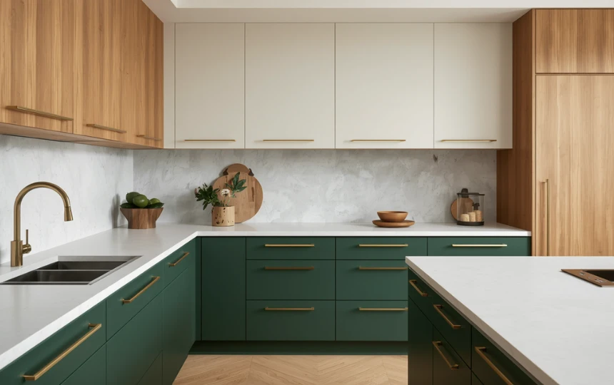 Modern two-tone kitchen with forest green lower cabinets and warm white uppers separated by white quartz countertop