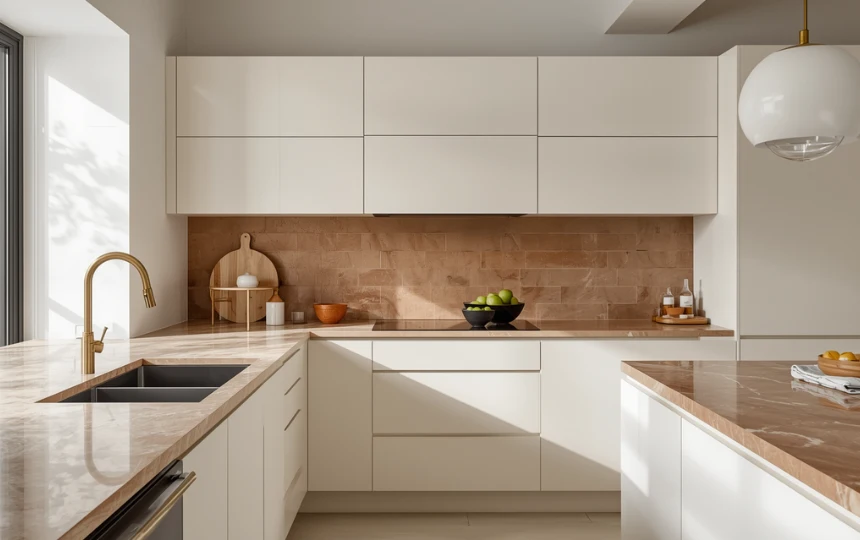 Modern warm linen white kitchen with flat panel cabinets, aged brass hardware and handmade clay tile backsplash