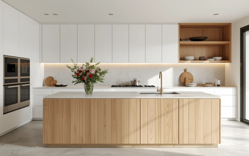 Modern white Japandi kitchen with white cabinets and natural white oak wood island and open shelves
