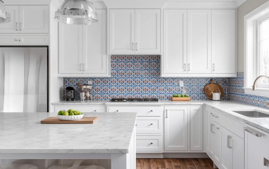 Modern white kitchen with bold patterned blue encaustic cement tile backsplash as the design statement