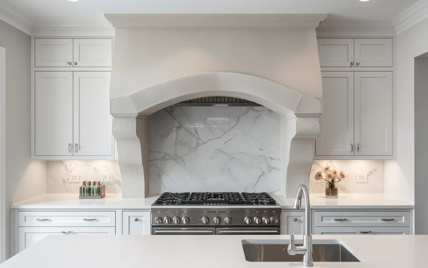 Modern white kitchen with dramatic custom plaster arched range hood as focal architectural statement