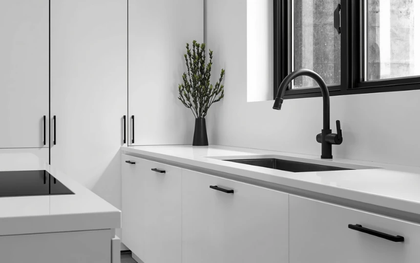 Modern white kitchen with matte black bar pull hardware, black faucet and black window frames for crisp contrast