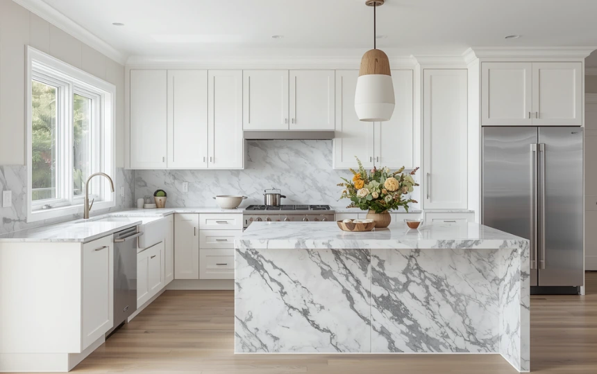 Modern white kitchen with simple white cabinets as backdrop for dramatic bold-veined quartzite waterfall countertops