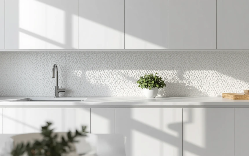 Modern white kitchen with textured fluted white ceramic tile backsplash creating light and shadow interest