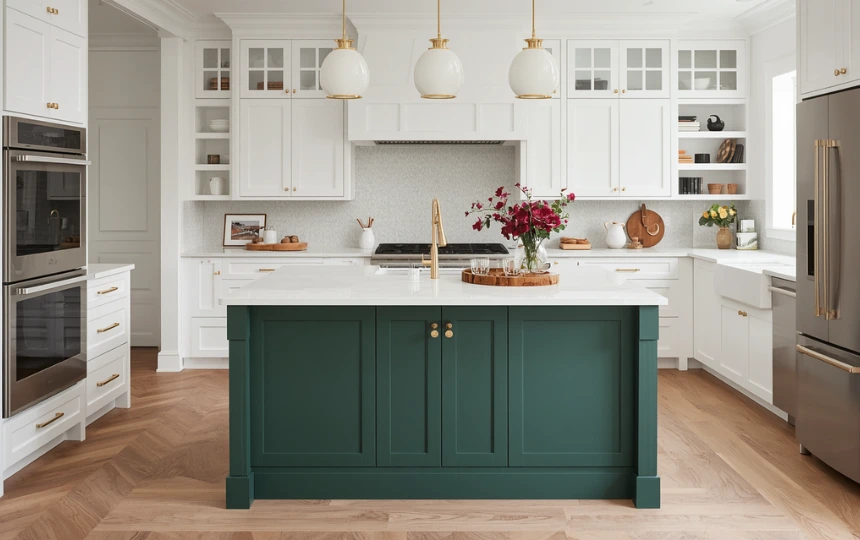 Modern white kitchen with white perimeter cabinets and deep forest green painted island as color focal point