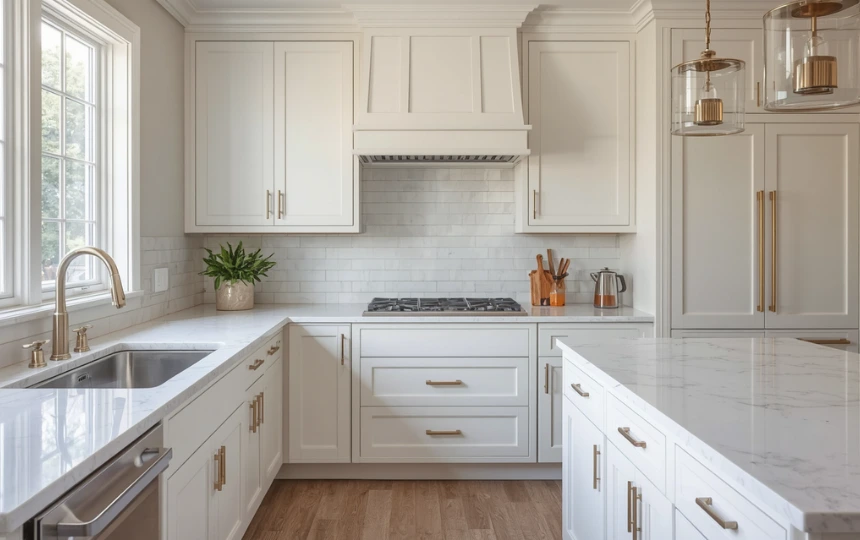 Modern white shaker kitchen with thin profile doors, aged brass cup pulls and white quartz countertops