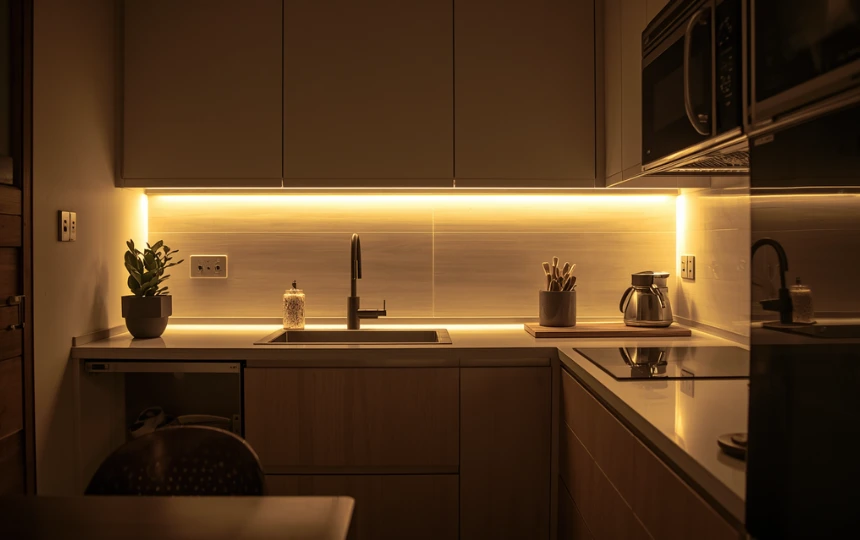 Small modern kitchen at evening with warm under-cabinet LED lighting making compact space feel warm and generous