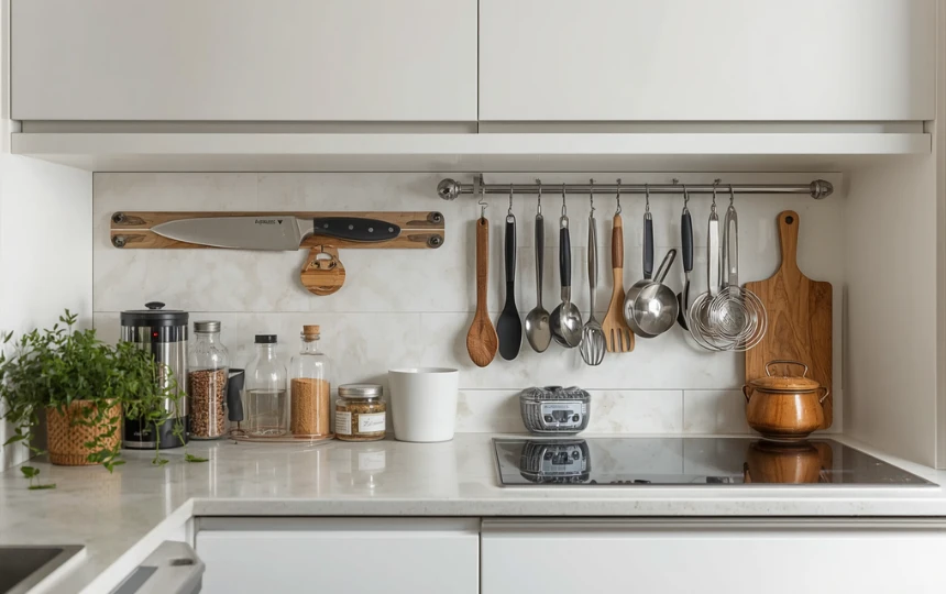 Small modern kitchen using backsplash wall between cabinets for magnetic knife strip, spice rack and hooks