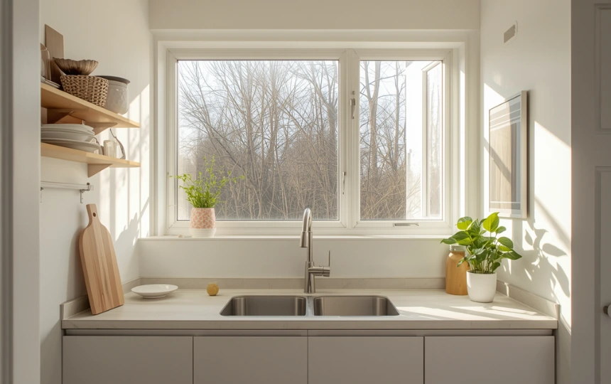 Small modern kitchen with bare uncurtained windows maximizing natural light bouncing off white surfaces