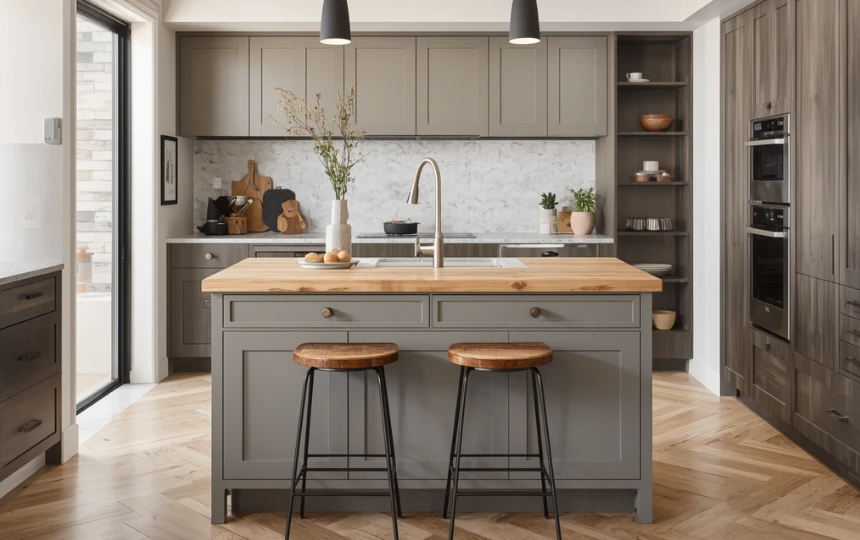 Small modern kitchen with compact island with two bar stools, quartz top and two storage drawers