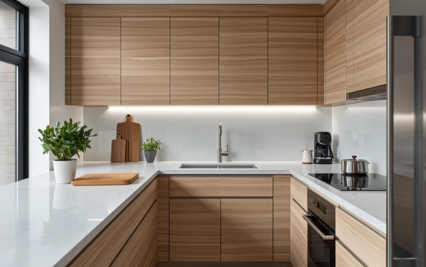 Small modern kitchen with completely clear countertops except for cutting board and plant showing maximum spaciousness