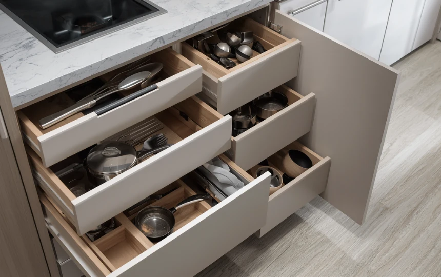 Small modern kitchen with deep drawer base cabinet stacks replacing doors, showing organized cookware