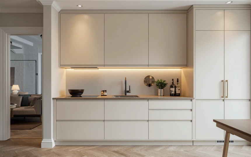 Small modern kitchen with floor-to-ceiling cabinets using full vertical height with no gap above