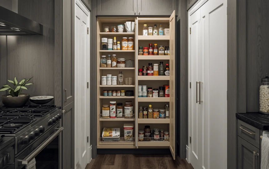 Small modern kitchen with full-extension pull-out pantry cabinet showing organized dry goods on shelves