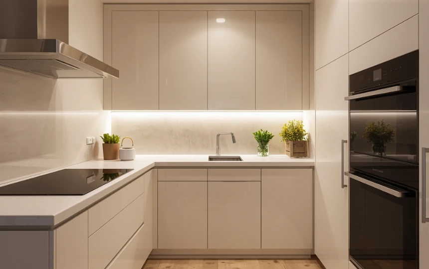 Small modern kitchen with handleless flat panel cabinets in warm white creating clean uncluttered visual field