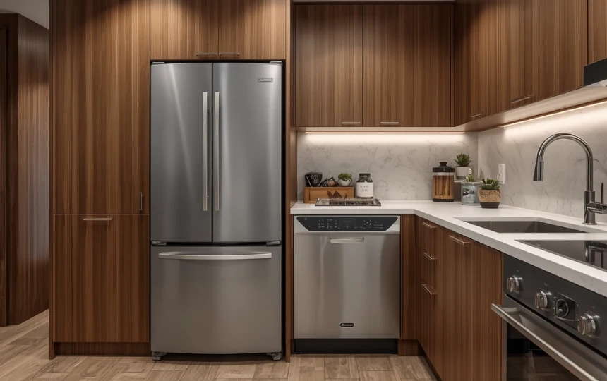 Small modern kitchen with integrated panel-ready fridge, dishwasher and microwave drawer behind matching cabinet panels