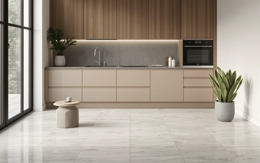 Small modern kitchen with large format 60x120cm light porcelain floor tiles and minimal grout lines expanding visual space