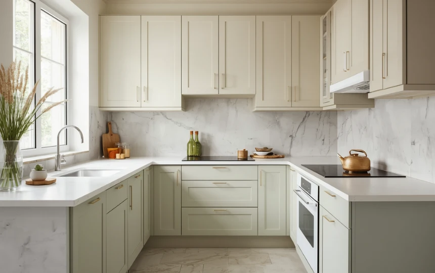 Small modern kitchen with pale warm white cabinets and light cohesive palette creating spacious feeling