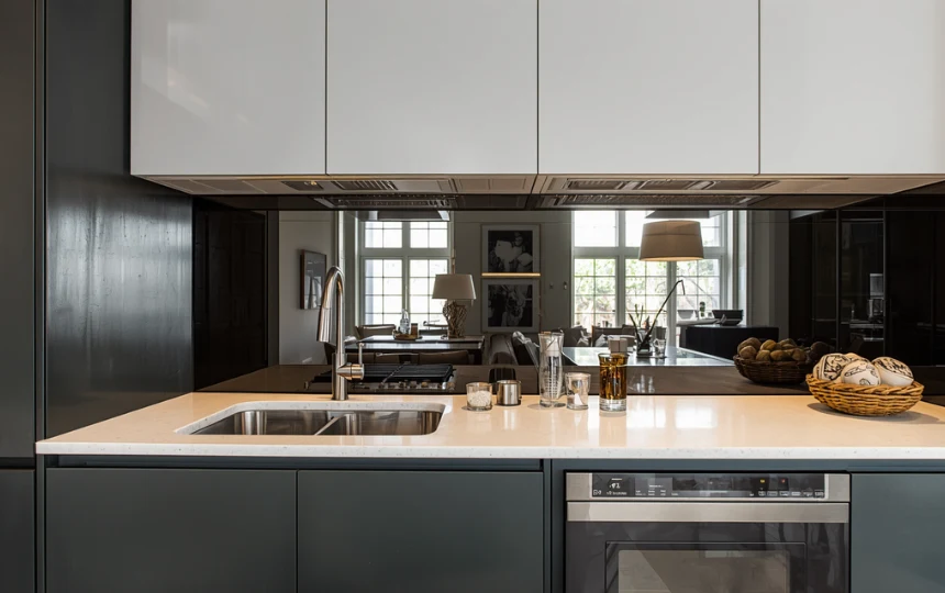 Small modern kitchen with smoked glass mirror backsplash panel reflecting kitchen and doubling visual depth