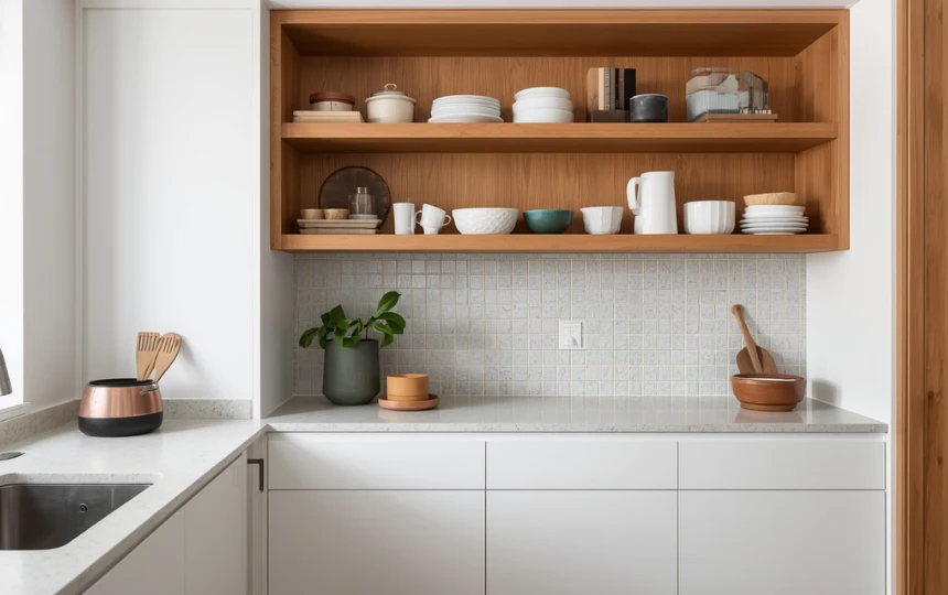 Small modern kitchen with thick floating oak open shelves replacing one upper cabinet section making space feel airier