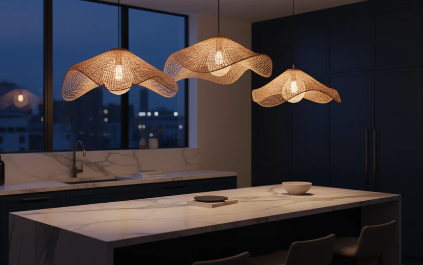 Three large sculptural rattan pendant lights at varying heights over white marble kitchen island in warm evening light